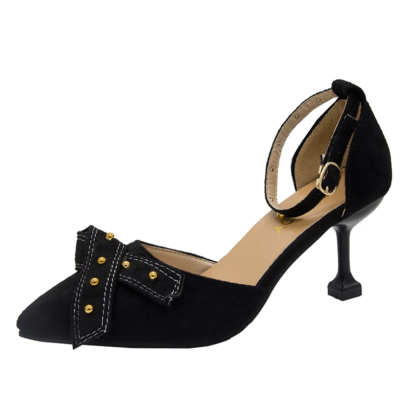 Женские сандалии Баотоу с пряжкой; тонкие туфли на высоком каблуке с пряжкой; Новинка года; женские сандалии с бантом и заклепками