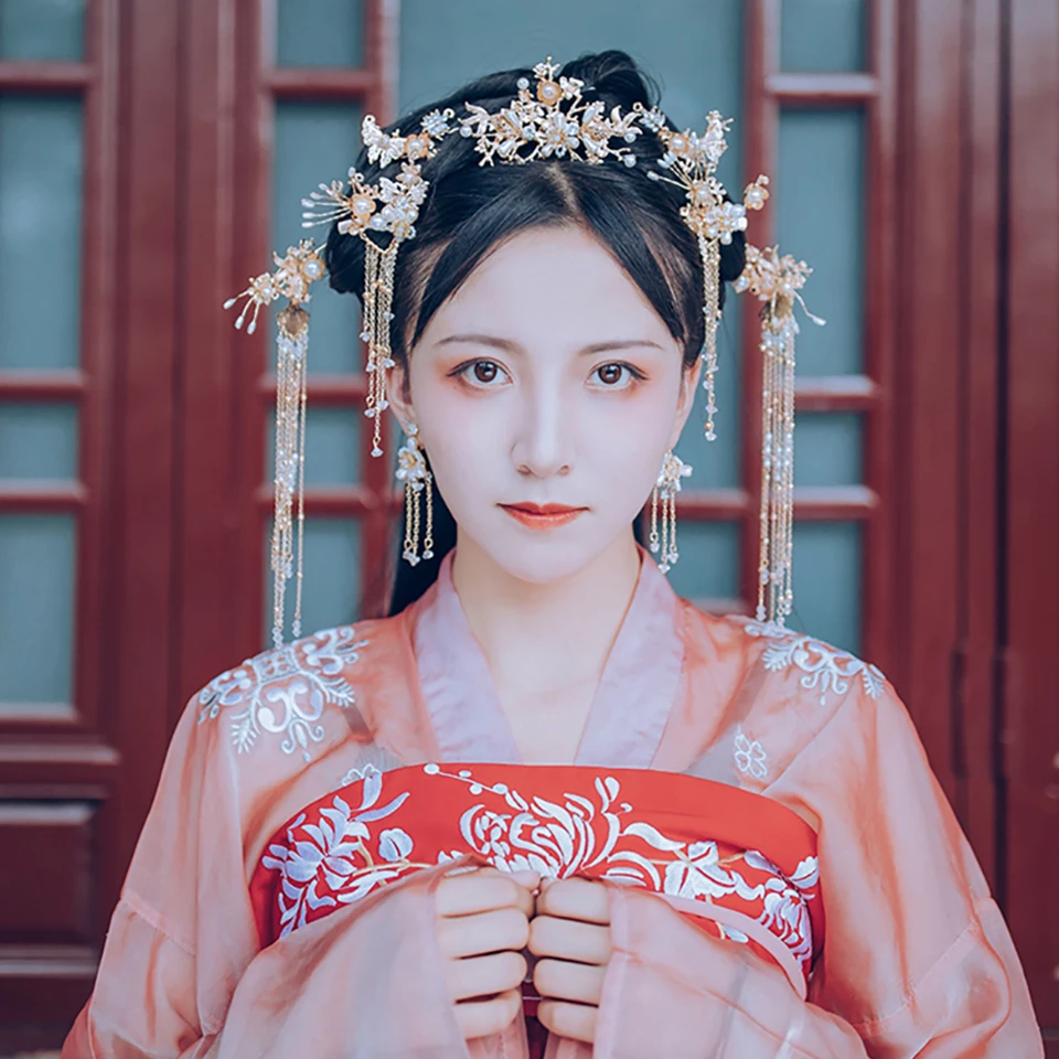 Hanfu головной убор шпилька свадебные головные уборы древний ветер цветок жемчуг ручной работы аксессуары для волос полный набор аксессуаров