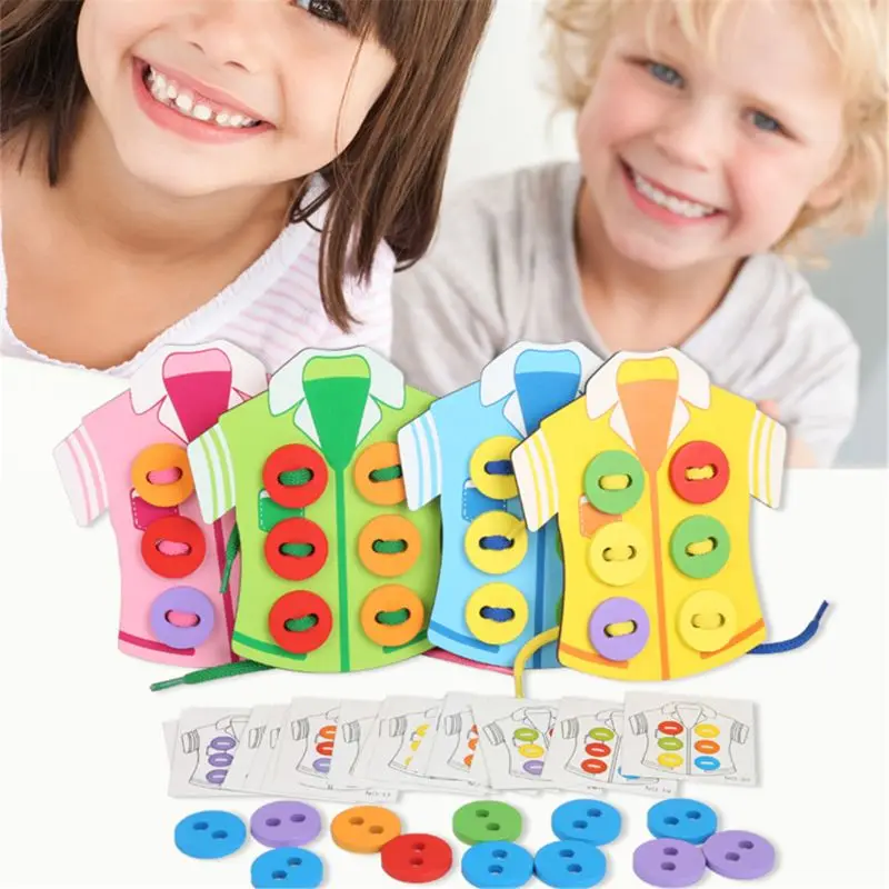  Kids Montessori Educational Toys Children Wooden Beads Lacing Board Toys Toddler Sew On Buttons Ear - 4000601171815