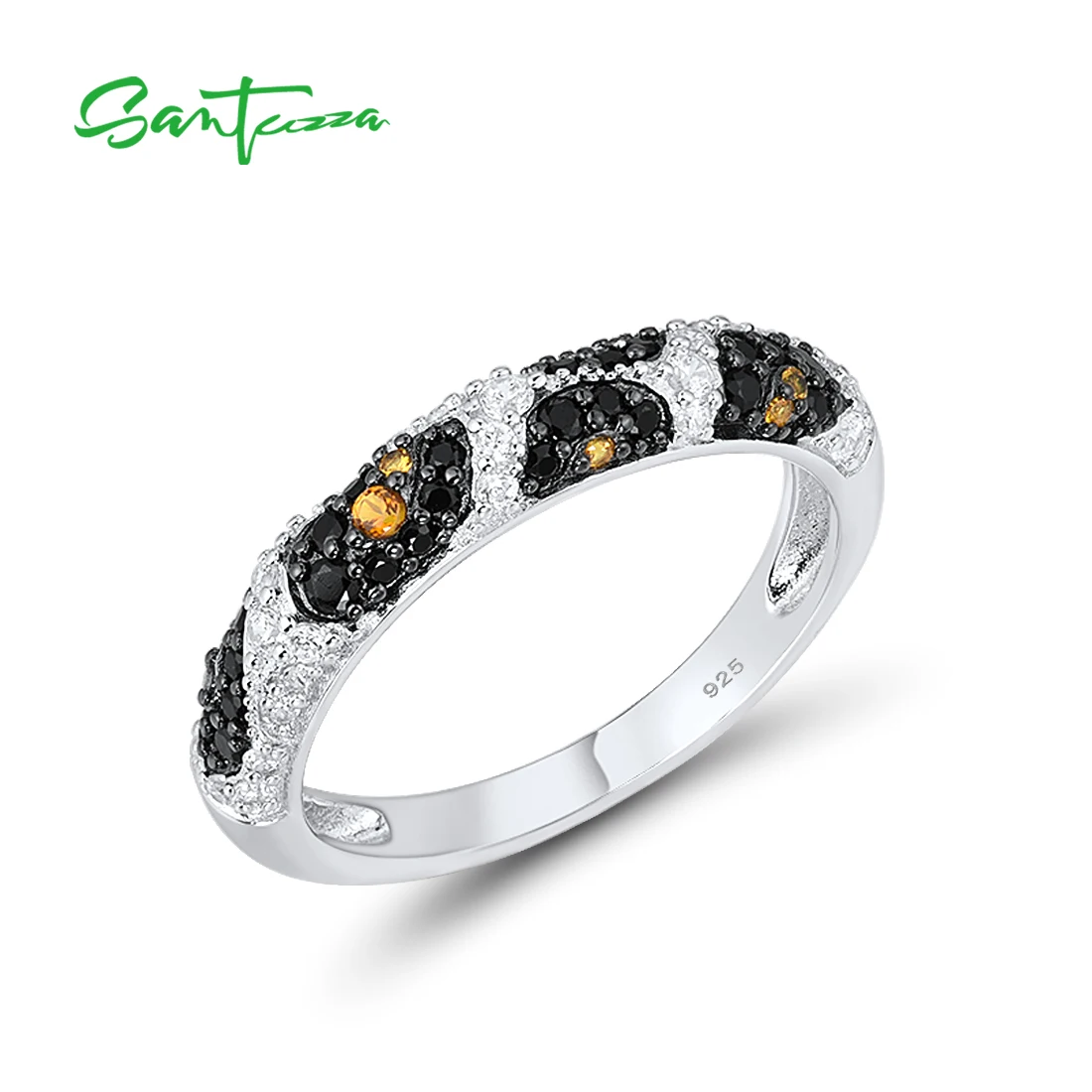 SANTUZZA Silver Rings For Women Pure 925 Sterling Silver Black Spinel Yellow White Cubic Zirconia Glamorous Trendy Fine Jewelry