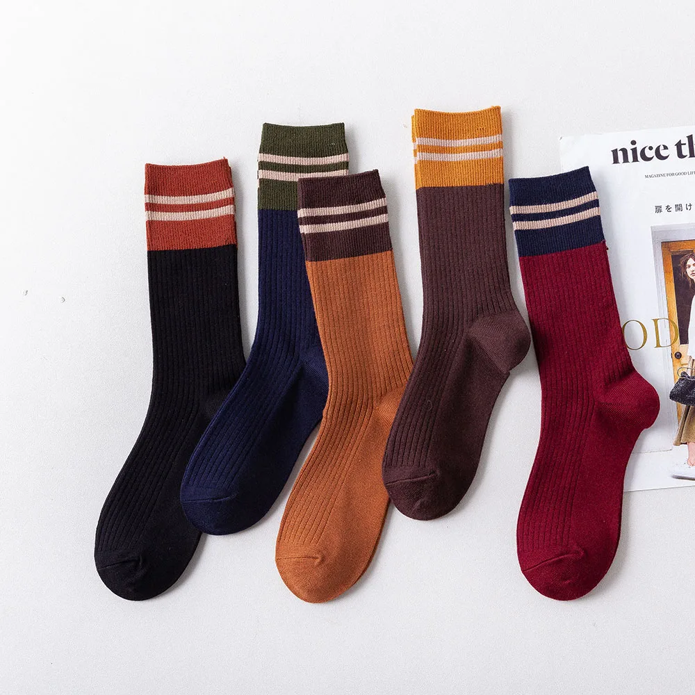 Новинка; зимние женские теплые носки средней толщины в полоску; модные повседневные хлопковые носки высокого качества в стиле Харадзюку; винтажные хлопковые носки