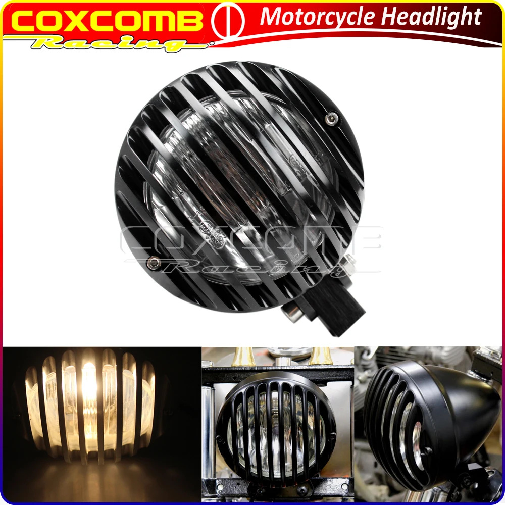 

Motorcycle Black/Sliver H4 Headlight For Harley Bobber Chopper Cafe Racer Cruiser Retro Custom Grille Head Lamp Lighting