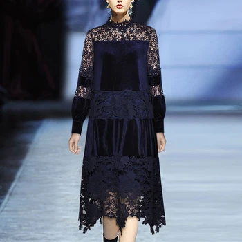 

VERDEJULIAY 2020 Spring New Runway Design Loose Dresses Women Luxury Lace Stitching Velvet Hollow Out Flower Party Midi Dress