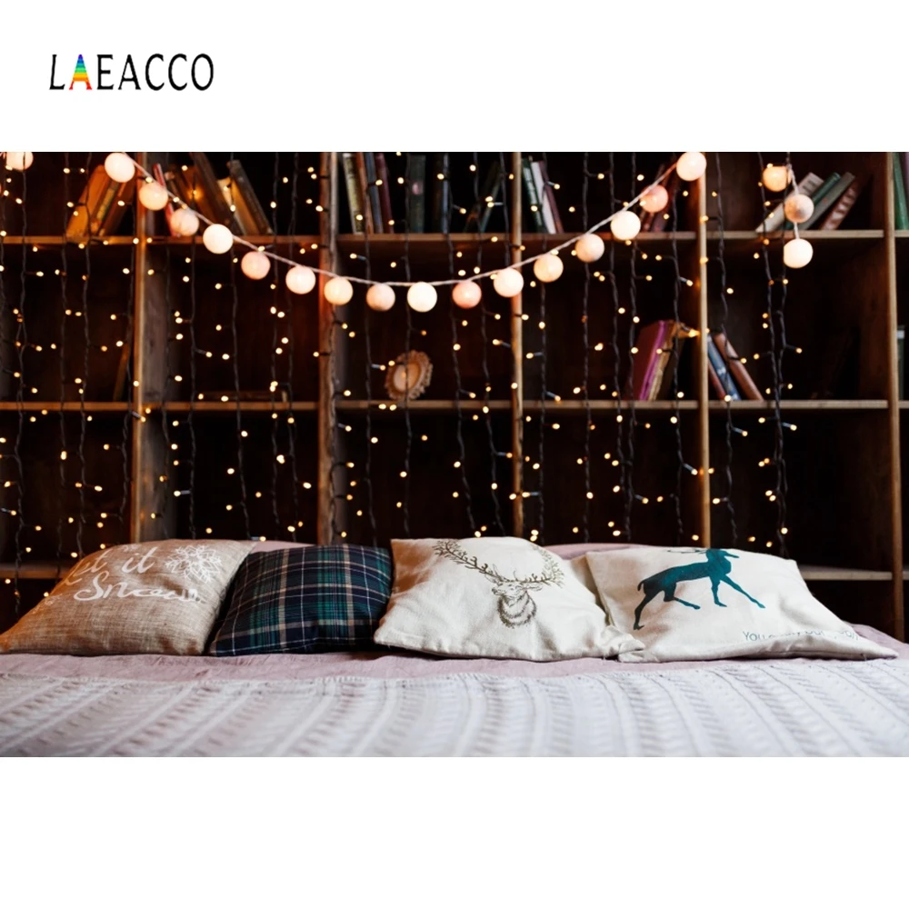 

Laeacco Winter Light Lamp Bed Christmas Pillow Baby Photography Backgrounds Customized Photographic Backdrop For Photo Studio