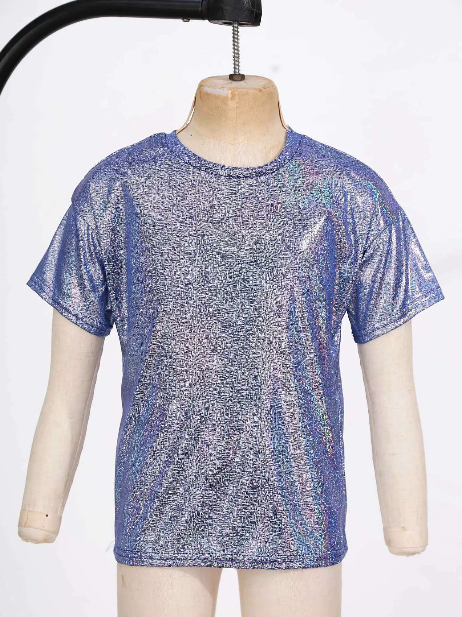 Kids Boys Girls Modern Jazz Dance Tops Fashion Metallic Shiny T-shirts Top Hip Hop Street Dancing Stage Performance Dancewear