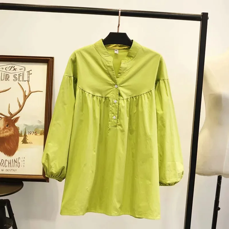 

2020 Spring And Autumn New Style Large Size Dress Stand Collar Pullover Small V-neck Long-sleeved Shirt Candy-Colored Shirt Wome