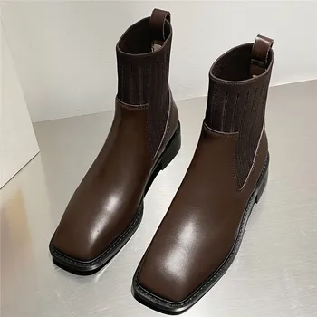 

MORAZORA Brand Genuine Leather Boots Women Shoes Socks Ankle Boots Square Toe Fashion Black Brown Short Chelsea Boots Autumn