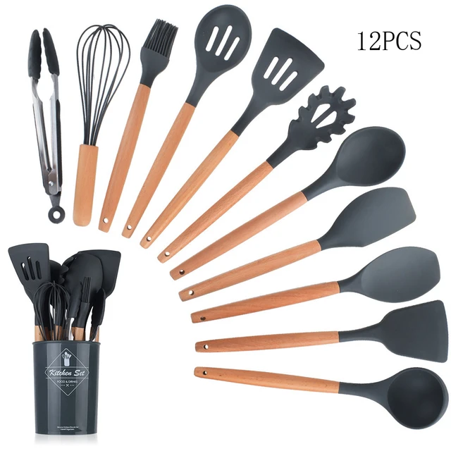 Silicone Cooking Utensils Set Non-stick Spatula Soup Spoon Wooden Handle  with Storage Box Kitchen Tools Set Gifts for Mother