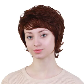

Chic Short Wigs For Elegant Women Real Human Hair & Bangs Layered Wig Dark Brown for Cosplay Party Dress