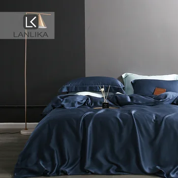 

Lanlika 100% Silk Bedding Set 25 Momme Blue Luxury Silky Healthy Skin Duvet Cover Set Home Textile Bedding Set Women Man Kid