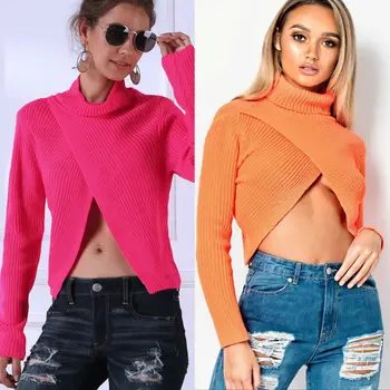 

Womens Front Bolero Long Sleeve Sweaters Top Autumn 2019 Turtleneck Knit Sweater Pullover Mujer Winter Sexy Solid Sweater