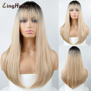 

LingHang Long Straight Synthetic Wig with Bangs Dark Root Ombre Color Natural Headline Heat Resistant Hair Wigs for Women