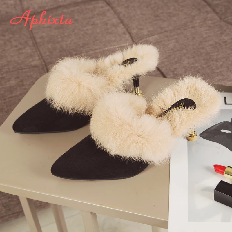 Aphixta/шлепанцы с натуральным мехом на каблуке 7 см; женские Вьетнамки; женская обувь на тонком металлическом каблуке; Mujer; женские шлепанцы с острым носком и мехом животных