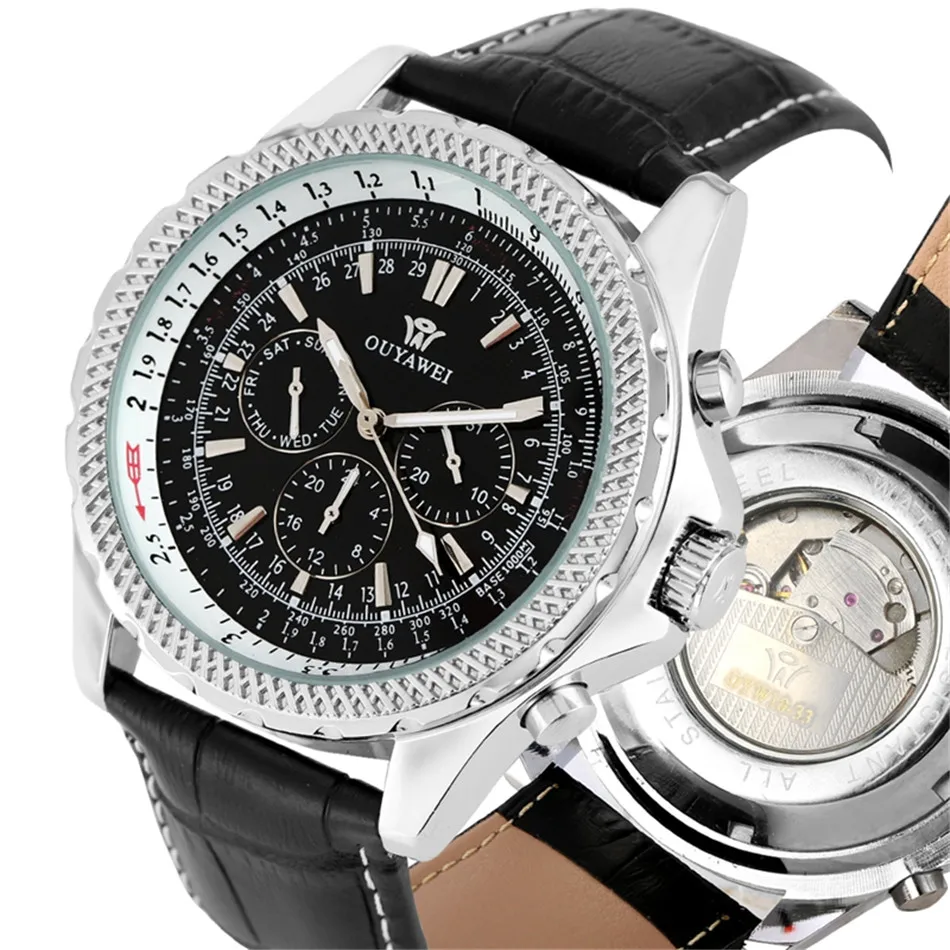 

OUYAWEI Genuine Leather/Stainless Steel Men Mechanical Watches Automatic Timepiece Calendar Display Dial Self Winding Mens Watch