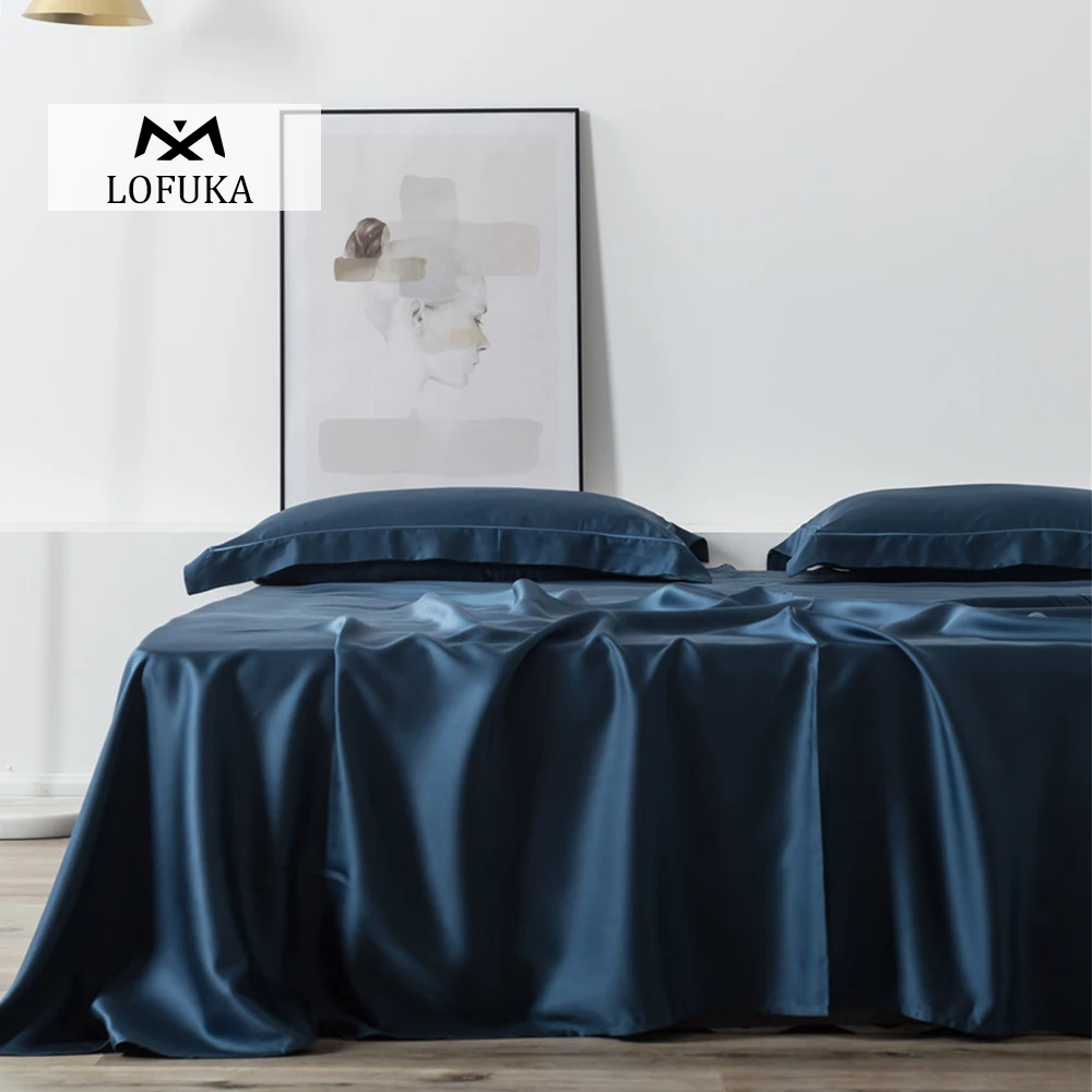 Lofuka Luxury Dark Blue 100% Silk Flat Sheet Nature Beauty Queen King Bed Fitted Pillowcase For Deep Sleep | Дом и сад