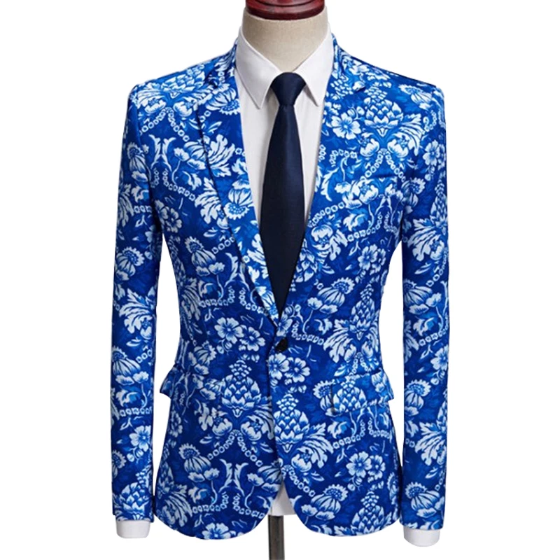

Men's Christmas New Year's Trendy Fashion One Button Suit Jacket Flower Print Slim Prom Party Happy Blue Gentleman Casual Blazer