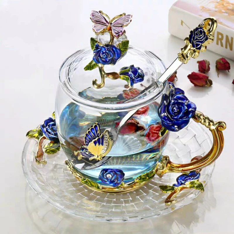 Красная роза эмалированная стеклянная кофейная плитка и кружки ручной работы