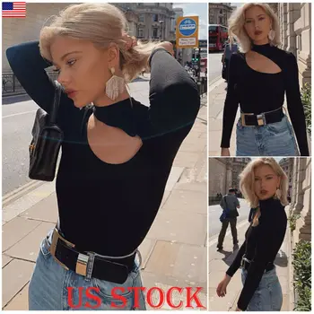 

Sexy Women Front Hollow out hole Long Sleeve High turtleneck solid color Slim Ladies High cut Bodysuit Jumpsuit