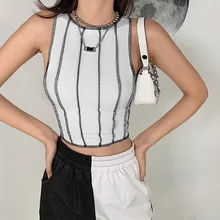 

2021 Casual Fashion High Street Striped Tan Top Fashion Sexy Chic Wild Sleeveless Round Neck Slim Vest Summer Clothes for Women