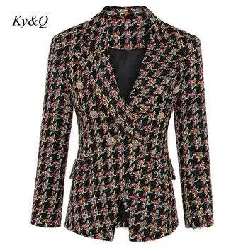 

High Quality Women 2020 Spring New Lapel Luxury Houndstooth Lionhead Double Breasted Tweed Wool Fitted Jacket Brand Coat Clothes