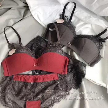 

Wriufred Hemp denim soft cup lingerie panties set sexy lace girl medium thin bra set without steel ring underwear set women