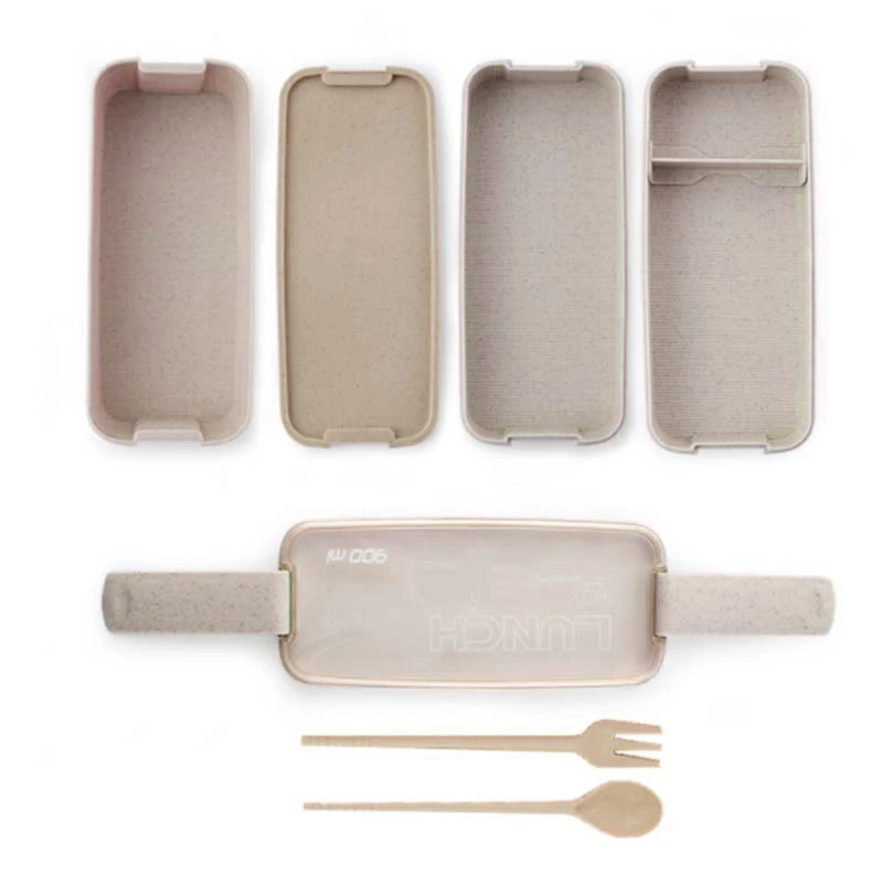 

Wheat Straw Three-Tier Bento Box With Fork Spoon Stackable Storage Container For Students Office Worker