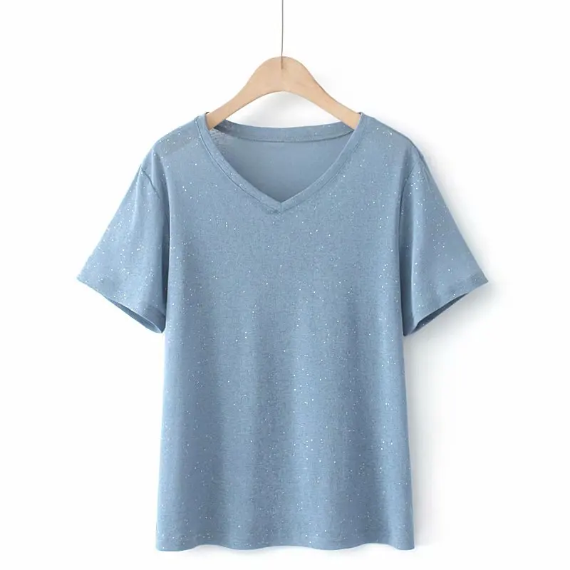 Tee Shirt Plus-Size Women Ladies Summer Black Blue Short-Sleeve Sequins V-Neck Loose