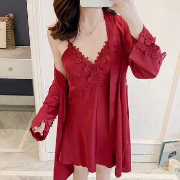 

Sexy Lace Woman Robe Set Satin V-Neck Bathrobe Fashion Pyjamas