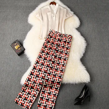 

fashion 2020 summer Women tops and pants set scraf collar short sleeve satin blouses + geometric print long pants suits