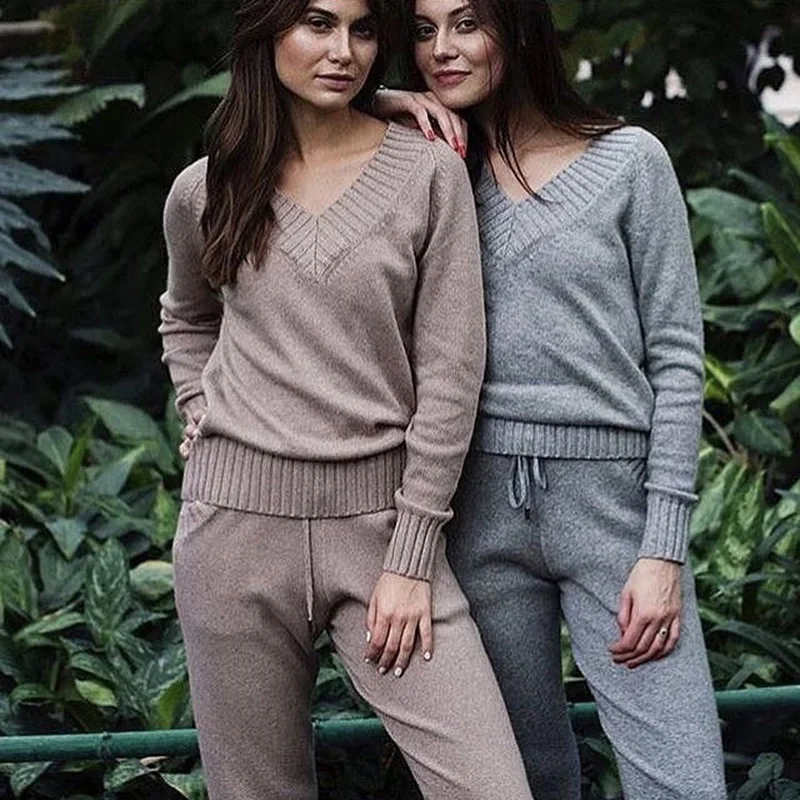 Women track suits sets Autumn Winter V-neck pullovers + long pants sets Soft warm knitted sweater track suits