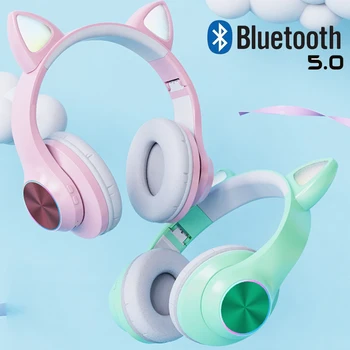 

Cute Cat Bluetooth 5.0 Headphones Glowing HI-FI Music Headset with MIC for Handsfree Support FM TF Card AUX Boys&Girls Gifts