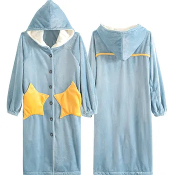 

New Cute Women Winter Robe Korean Cartoon Stars Loose Plus Size Flannel Hooded Bathrobe Female Long Style Warm Dressing Gown