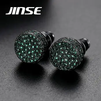 JINSE Hip Hop 9MM Round Cubic Zirconia Earrings For Men Ear Studs Crystal Green White Male Earings Fashion Jewelry Brincos