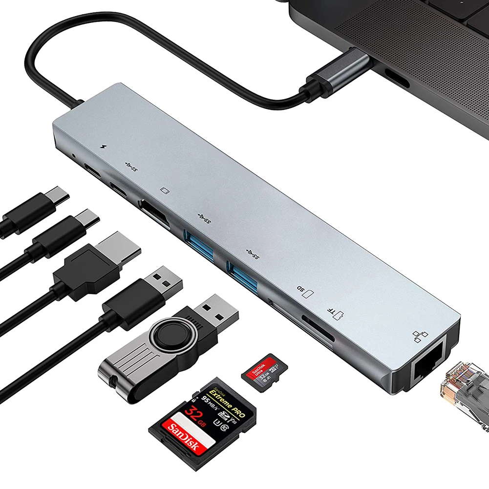 USB C Hub-Creatck 8 в 1 Алюминиевый type C адаптер с 4K HDMI портом Ethernet 1000 Мбит/с порт RJ45 2 порта USB 3,0