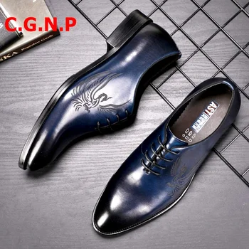 

C.G.N.P Goodyear Oxford Manual Laser Carving Men Leather Shoes Real Cow Leather Business Formal Shoes Lace-up Men Dress Shoes