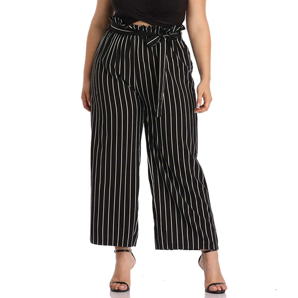 

4XL Women Plus Size Contrast Striped Pants Casual Wide Leg Pants Ladies Drawstring pantalon femme Autumn Loose streetwear D30