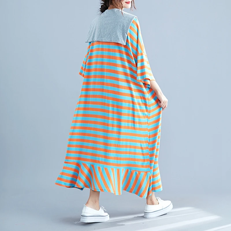 Осенние новые большие размеры 8XL 9XL 10XL бюст 155 см Свободные Поддельные Две Длинные повседневные полосатые рыбий хвост платье