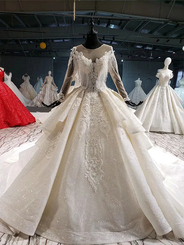 as picture HTL1015 иллюзионное свадебное платье с длинным рукавом и круглым вырезом с кисточками размера плюс свадебное платье с длинным шлейфом и рюшами - Цвет: as picture