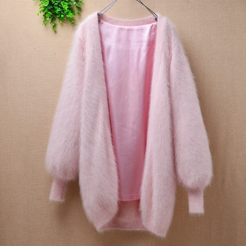 

femme autumn loose tops plush angora rabbit fur mink cashmere knit cardigans long lantern sleeves sweater mantle coat winter