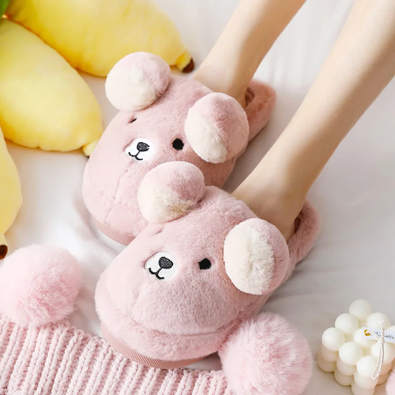 

Winter Home Slippers Women Warm Cotton Rabbit Fabric Slipper Indoor Mute Non-slip Bear Ears Flat Women Shoes Fur Slides