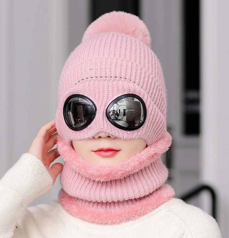 Зимняя шерстяная вязаная шапка для женщин, шарф Skullies Beanies, шапки для женщин, лыжные Съемные очки, шапки Gorras Bonnet, маски, шапки