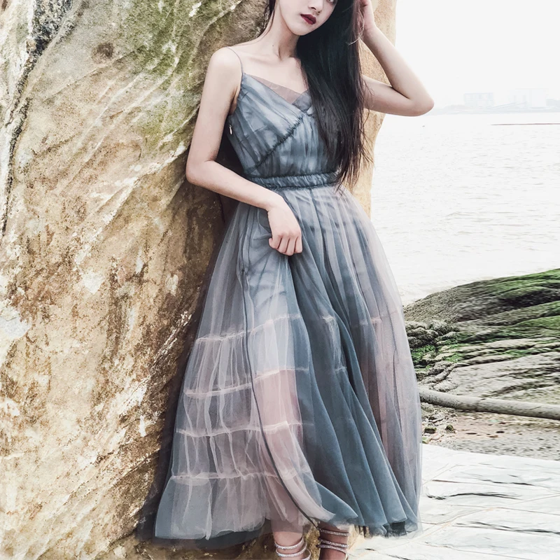

Dresses Women 2021 Summer Camisole Dresses Elegant A-Line Vestidos Sleeveless Empire V-Neck Ladies Patchwork Dress Mesh