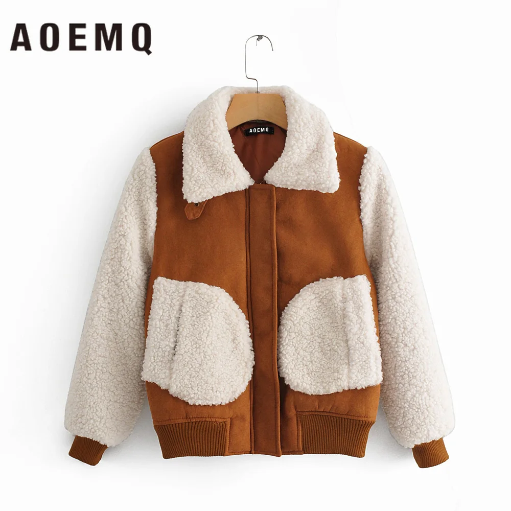 AOEMQ 100% хлопок плюшевые куртки теплая Свободная куртка на молнии в стиле панк