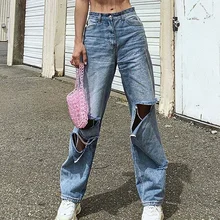 Женские прямые джинсы с высокой талией, рваные широкие брюки, рваные классические женские джинсовые брюки, уличная одежда