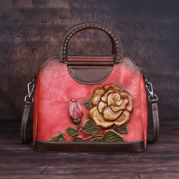 

Luxury Handbags Women Bags Vintage High Quality Genuine Leather 2020 New Handmade flower Embossing Shoulder&Crossbody Bags 1927#