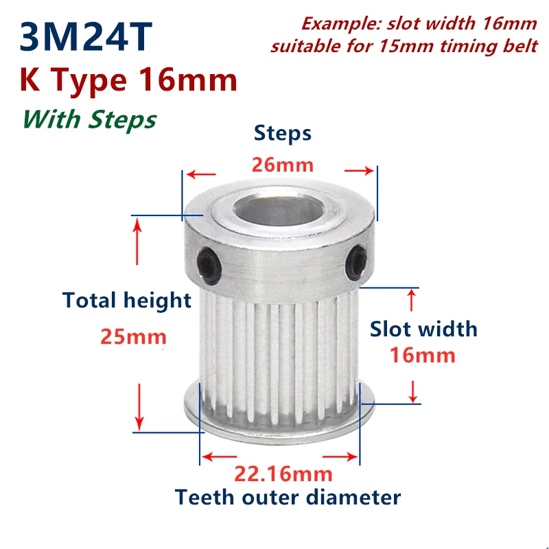 Bore Diameter: 10mm/ Width: 15mm Power tranmistion K Type 24 Teeth 3M Timing Pulley Bore 5mm 6mm 6.35mm 8mm 10mm for HTD3M Belt Used in Linear Pulley 24Teeth 24T Bore Diameter: 10mm/ Width: 15mm Power tranmistion K Type 24 Teeth 3M Timing Pulley Bore 5mm 6mm 6.35mm 8mm 10mm for HTD3M Belt Used in Linear Pulley 24Teeth 24T