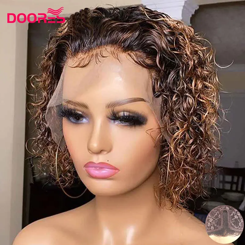 Hot Item Wigs Lace-Wig Human-Hair T-Shaped Brown Ombre Curly Bob Black Doores for Women 150-% kblDjeyaM