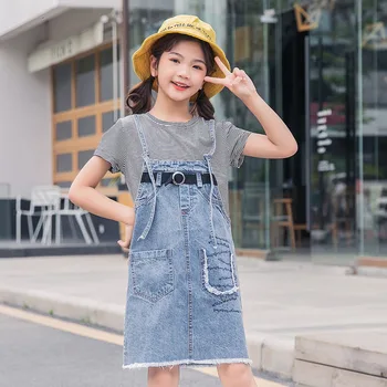 

YourSeason Girls Korean Style Denim Set 2020 Fashion Stripe O Neck T Shirts And Strap Pocket Dress Teenager Girls Two Piece Suit