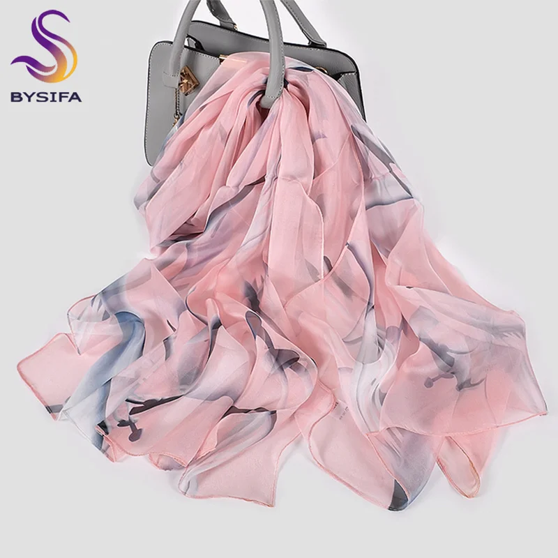 [BYSIFA] шелк шифон шарф женский бренд листья дизайн серый хаки длинные шарфы пляжные шали осень зима женские шарфы для шеи - Цвет: grey pink 26