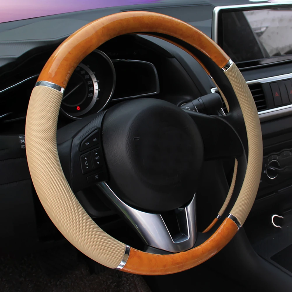 Wood Beige Нескользящие аксессуары, мягкий защитный универсальный чехол на руль, авто, декоративная, под дерево, искусственная кожа, Модный интерьер - Название цвета: Wood Beige